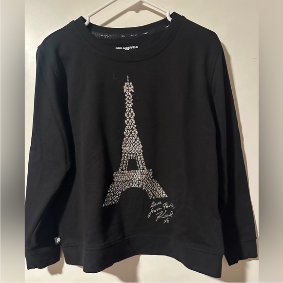 Karl Lagerfeld Black Crystal Studded Eiffel Tower Sweatshirt Silver Logo M - Picture 3 of 9